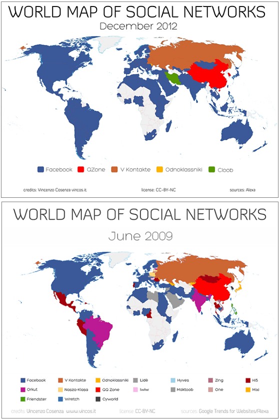 世界のSNS利用者数、2012年、2009年の比較